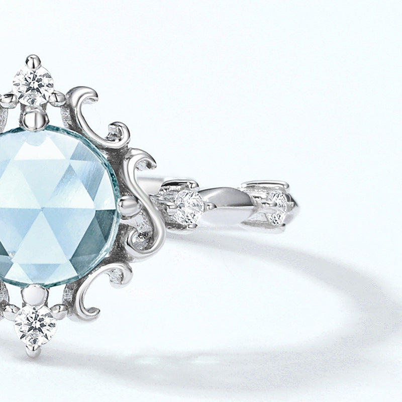 S925 Sterling Silver Jewelry Ring Natural Sky Blue Topaz Gemstone Vintage Floral Style Rings