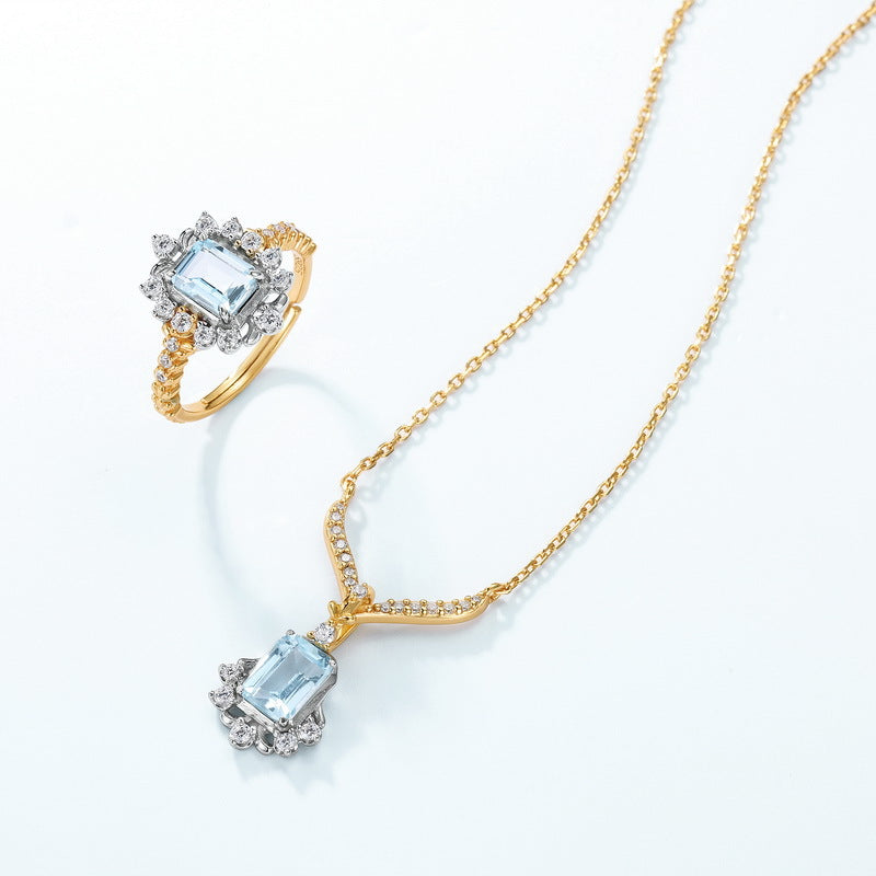 S925 Sterling Silver Jewelry Necklace Natural Sky Blue Topaz Gemstone Palace Style Necklaces