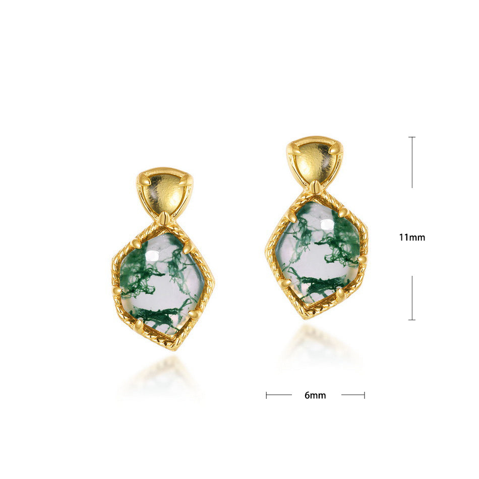 S925 Sterling Silver Jewelry Earrings Natural Moss Agate Gemstone Geometric Drop Earrings