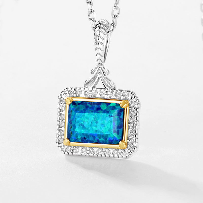 S925 Sterling Silver Jewelry Pendant Blue Opal Gemstone Luxury Choker Necklace Pendant