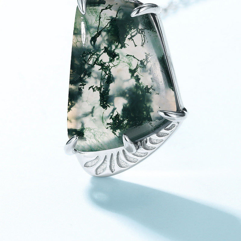 S925 Sterling Silver Jewelry Pendant Natural Moss Agate Gemstone Irregular Style Necklace Charms