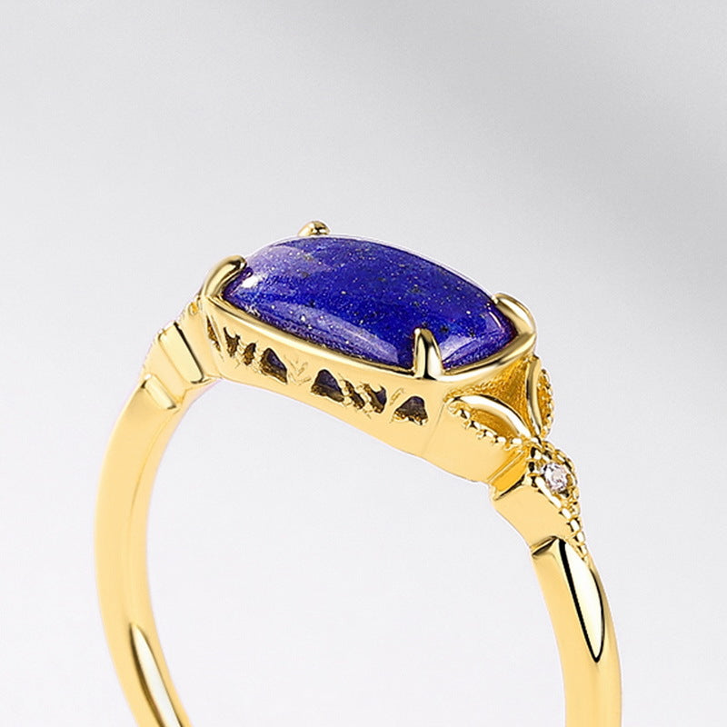 S925 Sterling Silver Jewelry Ring Natural Lapis Lazuli Gemstone Vintage Style Elegant Rings