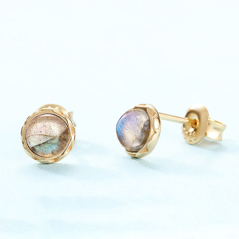 S925 Sterling Silver Jewelry Earrings Natural Labradorite Gemstone Round Style Stud Earrings