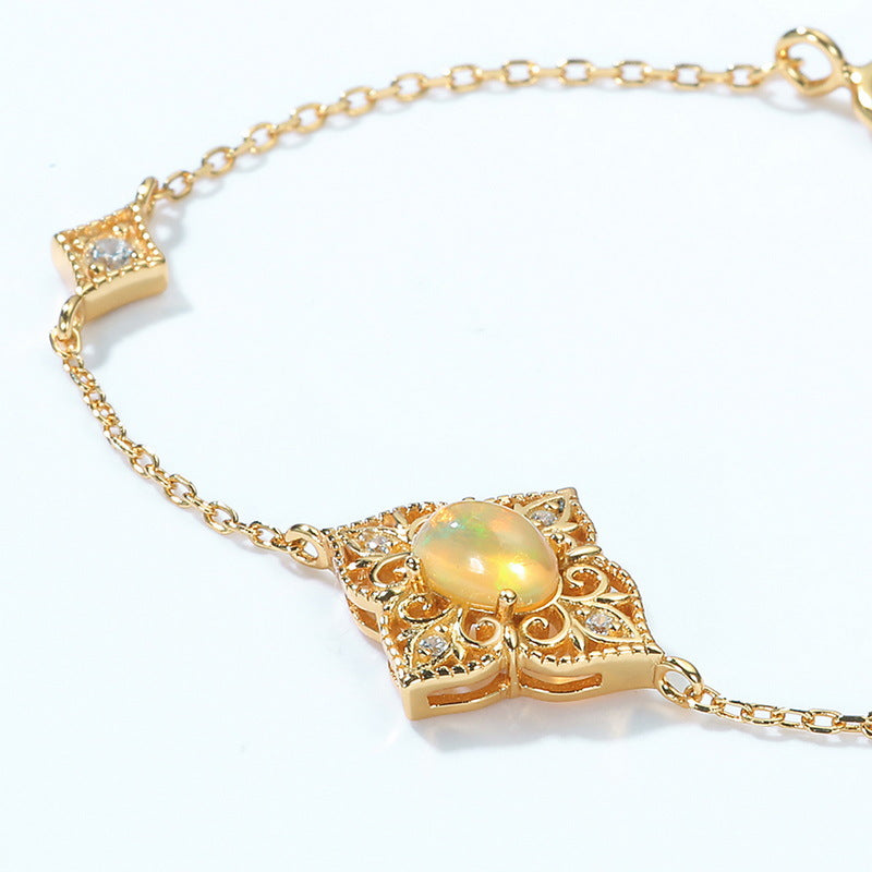 S925 Sterling Silver Jewelry Bracelets Natural Opal Floral Style Simple Luxury Bracelets
