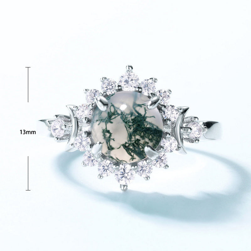 S925 Sterling Silver Jewelry Ring Natural Moss Agate Gemstone Floral Style Luxury Rings