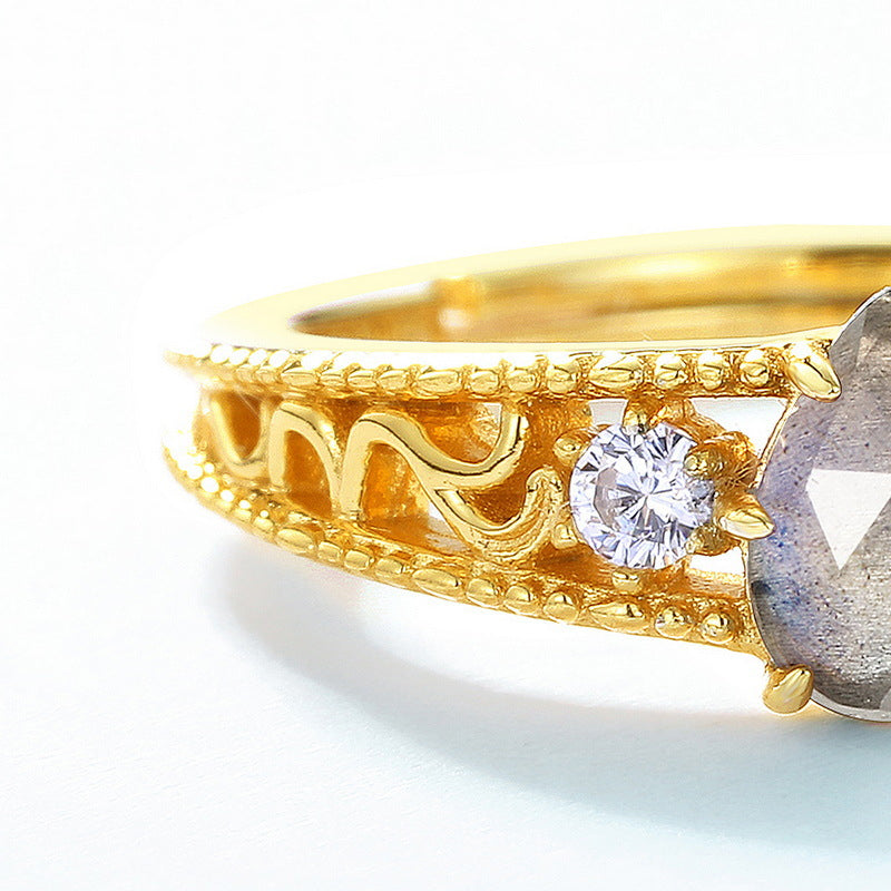 S925 Sterling Silver Jewelry Ring Natural Labradorite Gemstone Waterdrop Style Floral Lace Rings