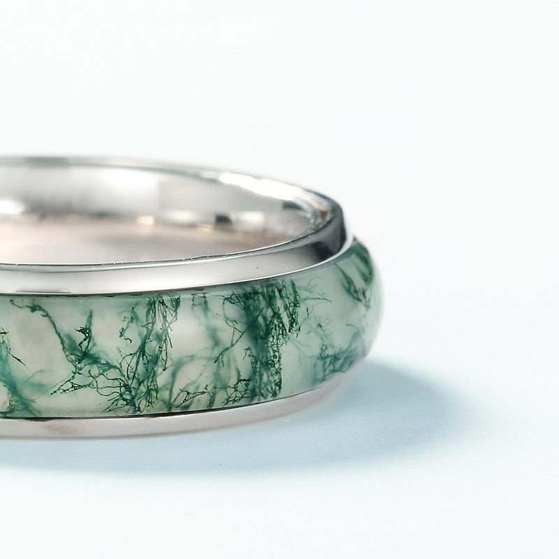 S925 Sterling Silver Jewelry Ring Natural Moss Agate Gemstone Fashion Band Rings
