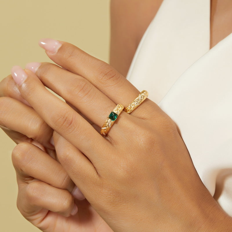 S925 Sterling Silver Jewelry Ring Lab Grown Emerald Gemstone Wire Drawing Craft Rings