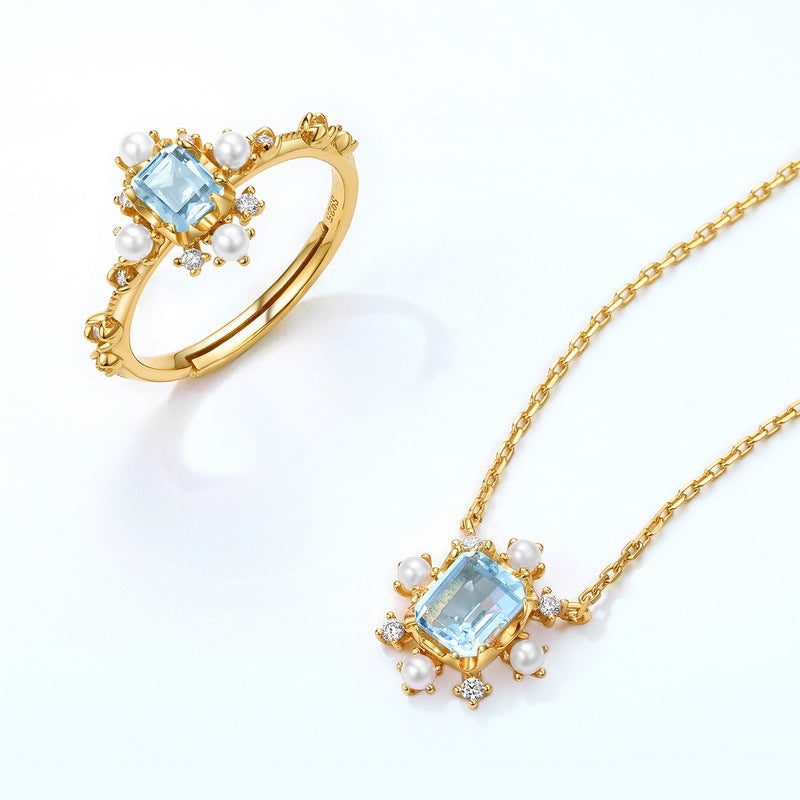 S925 Sterling Silver Jewelry Necklaces Natural Sky Blue Topaz Gemstone Snowflake Necklace