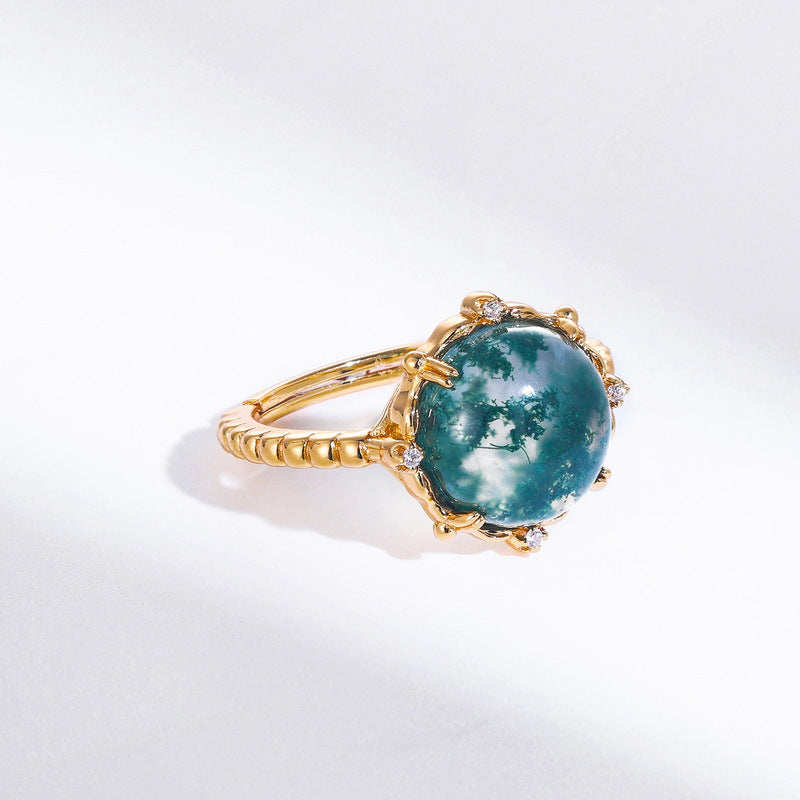 S925 Sterling Silver Jewelry Ring Natural Moss Agate Gemstone Gold Plating Fashion Rings