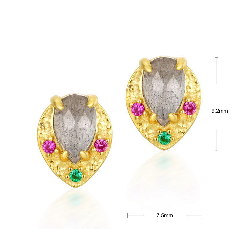 S925 Sterling Silver Jewelry Earrings Natural Labradorite Gemstone Golden Leaf Stud Earrings