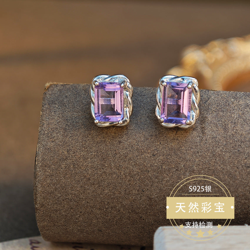 Natural Amethyst Gemstone Fine Jewelry 925 Sterling Silver Rectangular Style Stud Earrings