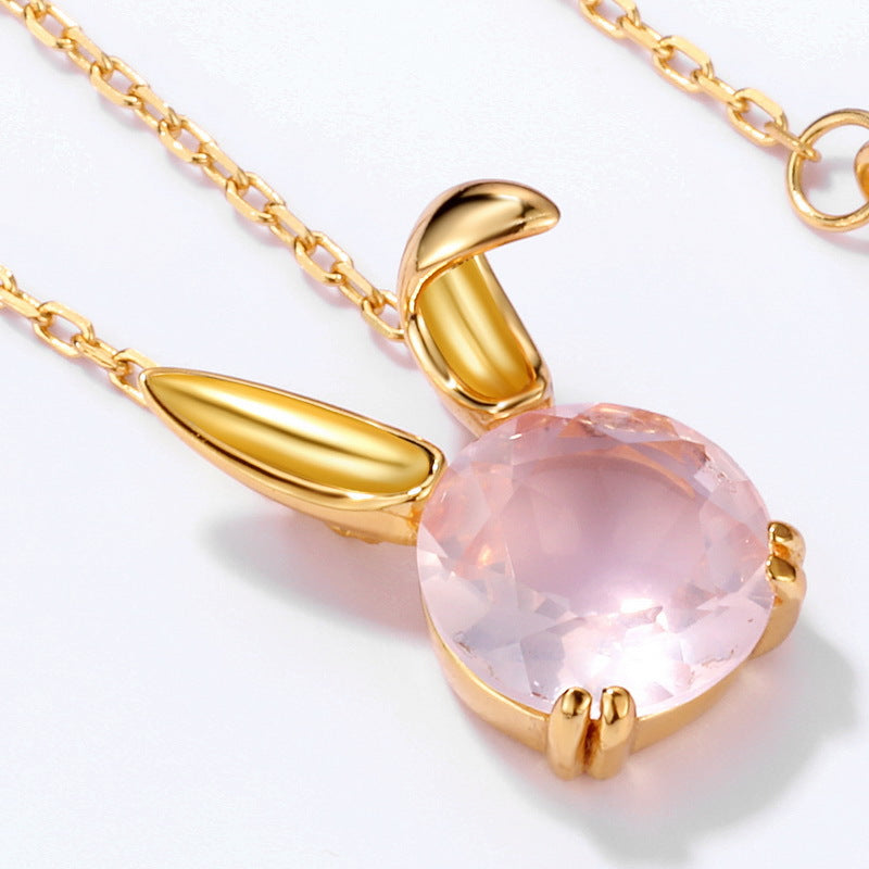 S925 Sterling Silver Jewelry Necklace Natural Rose Quartz Cute Rabbit Charms Choker Necklace