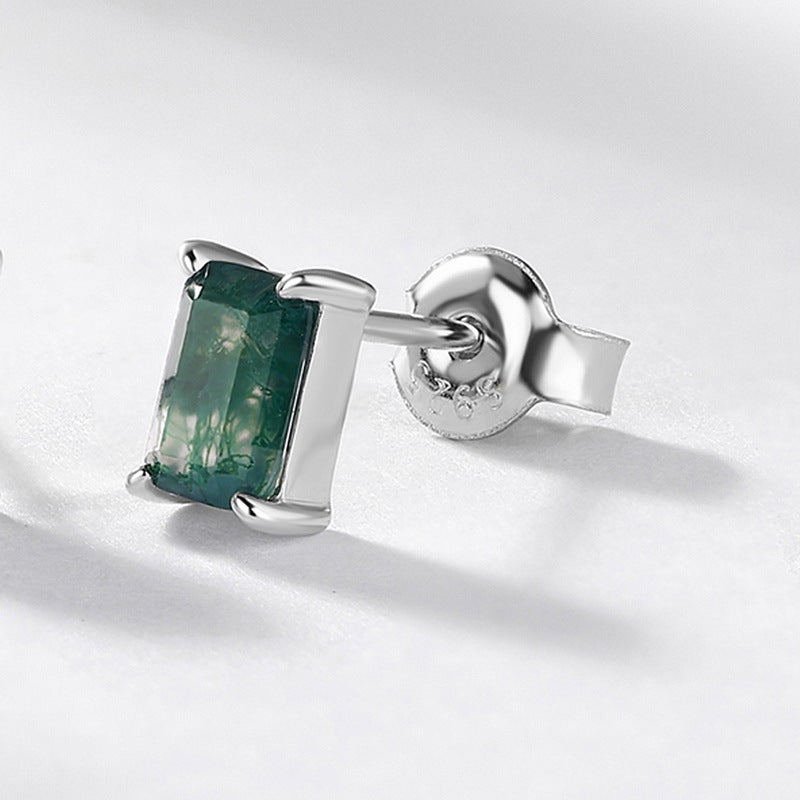 S925 Sterling Silver Jewelry Earrings Natural Moss Agate Gemstone Geometric Style Earrings