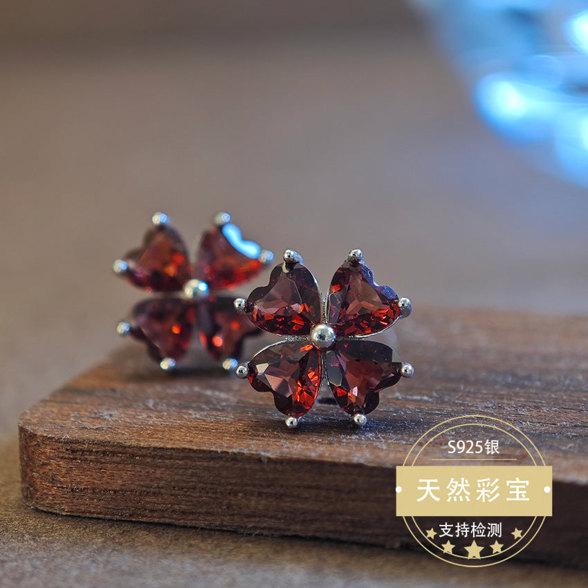 S925 Sterling Silver Jewelry Earrings Natural Garnet Gemstone Floral Style Stud Earrings