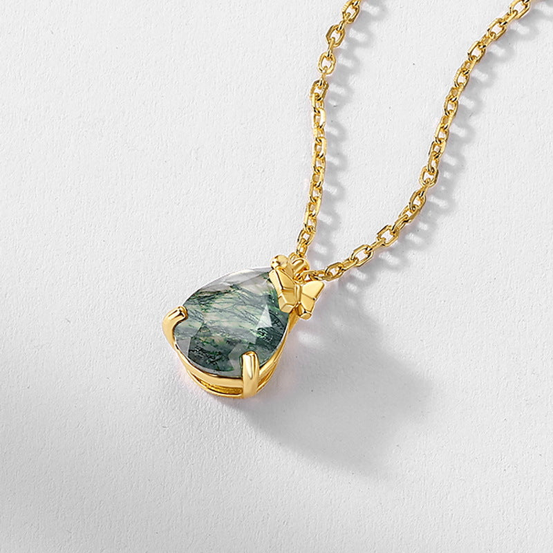 S925 Sterling Silver Jewelry Necklace Natural Moss Agate Gemstone Water Drop Charms Necklace