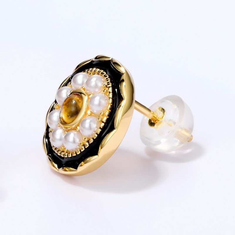 S925 Sterling Silver Jewelry Earrings Natural Amber Vintage Folk Style Pearl Earrings