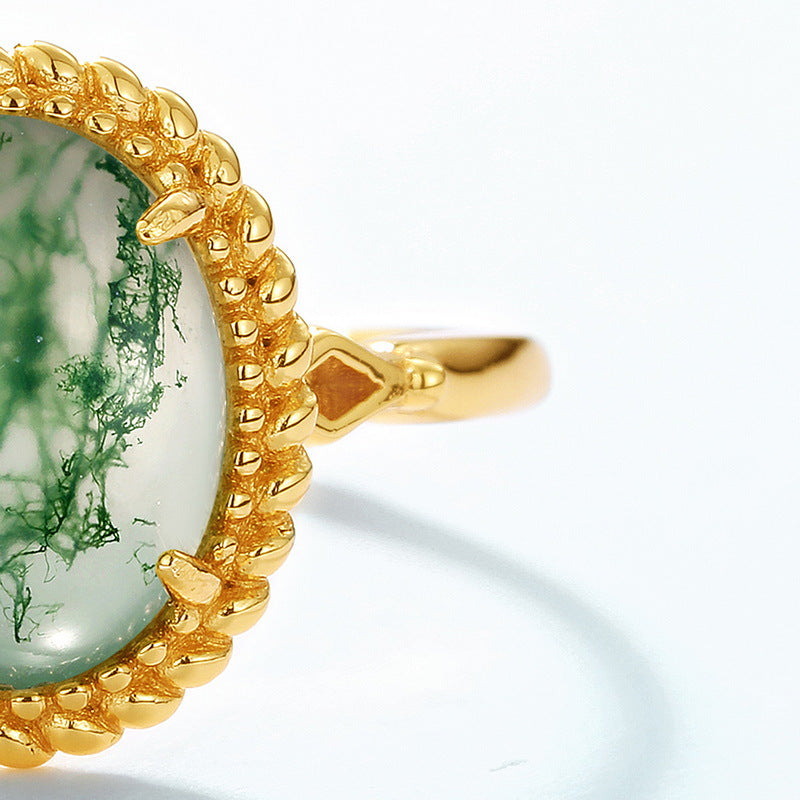 S925 Sterling Silver Jewelry Ring Natural Moss Agate Gemstone Vintage Geometric Luxury Rings