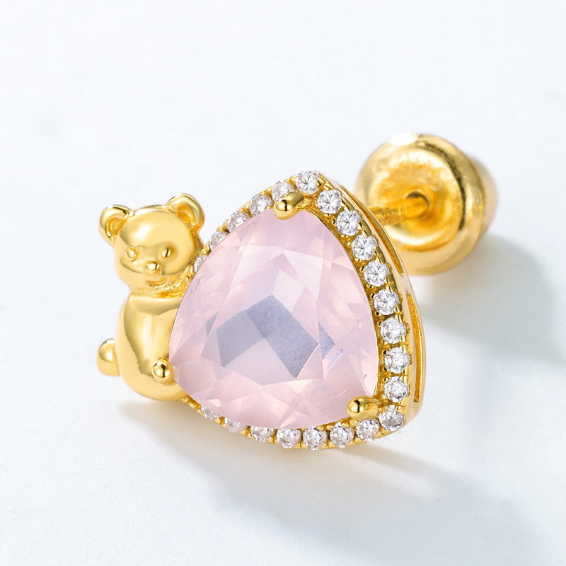 S925 Sterling Silver Jewelry Earrings Natural Rose Quartz Little Bear Triangle Style Earrings