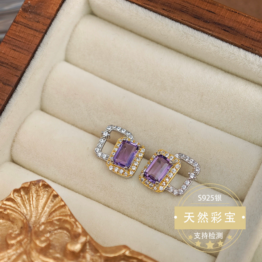 Natural Amethyst Gemstone Fine Jewelry 925 Sterling Silver Unique Light Luxury Stud Earrings