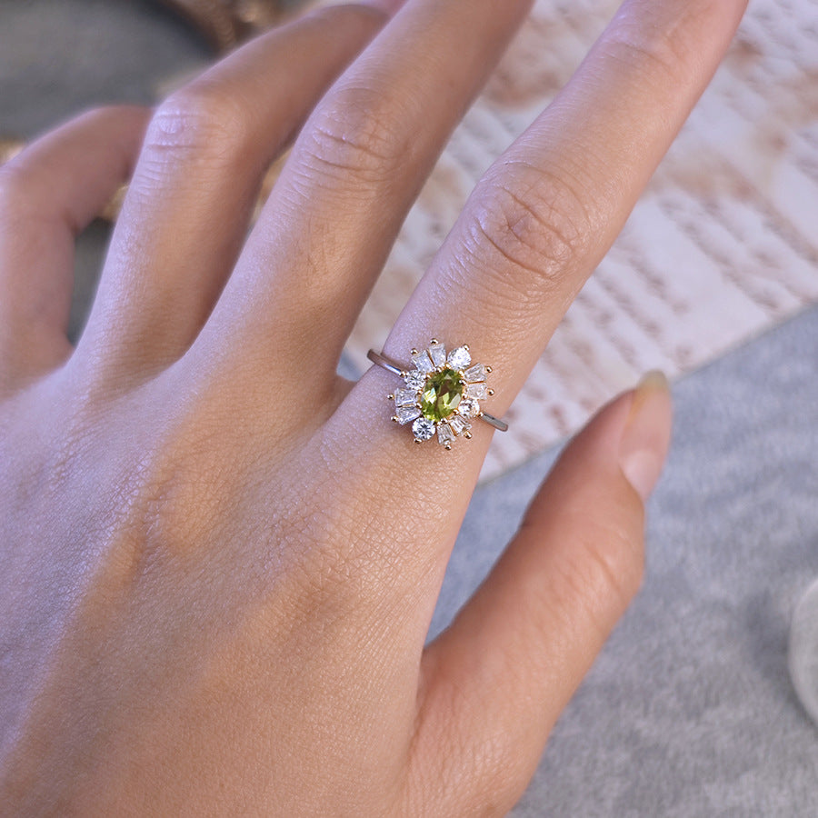 S925 Sterling Silver Jewelry Ring Natural Peridot Gemstone Floral Style Fashion Luxury Rings