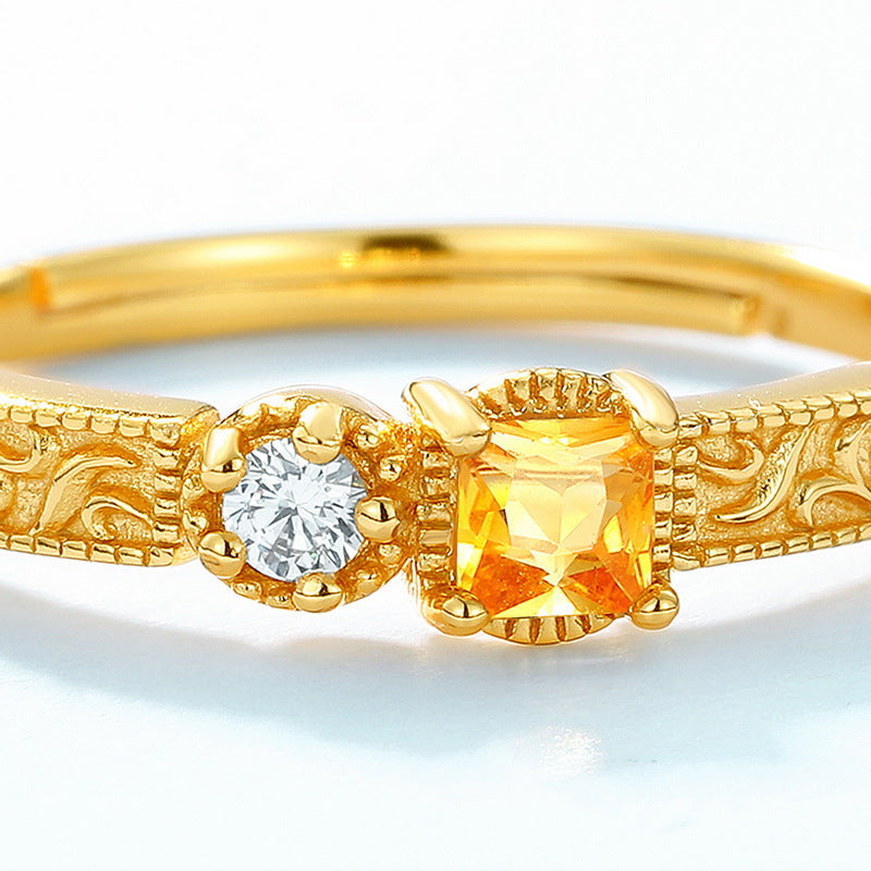 S925 Sterling Silver Jewelry Ring Natural Citrine Gemstone Geometric Style Simple Luxury Rings