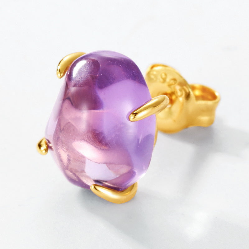 S925 Sterling Silver Jewelry Earrings Natural Amethyst Gemstone Irregular Style Stud Earrings