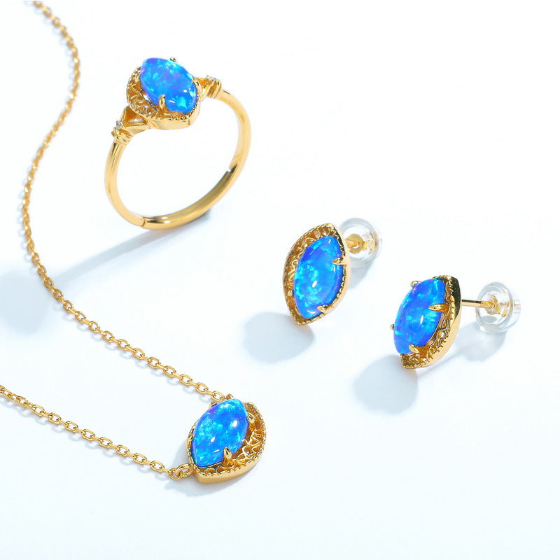 S925 Sterling Silver Jewelry Rings Blue Opal Gemstone Mariquesa Style Ring