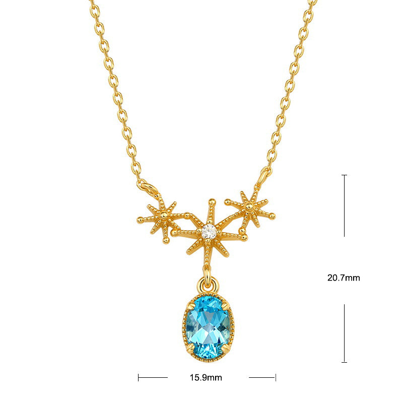 S925 Sterling Silver Jewelry Necklace Natural Swiss Blue Topaz Gemstone Star Style Necklaces