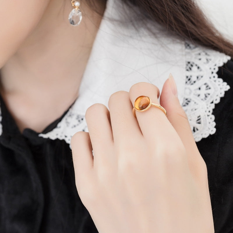 S925 Sterling Silver Jewelry Ring Natural Amber Geometric Round Style Simple Luxury Rings