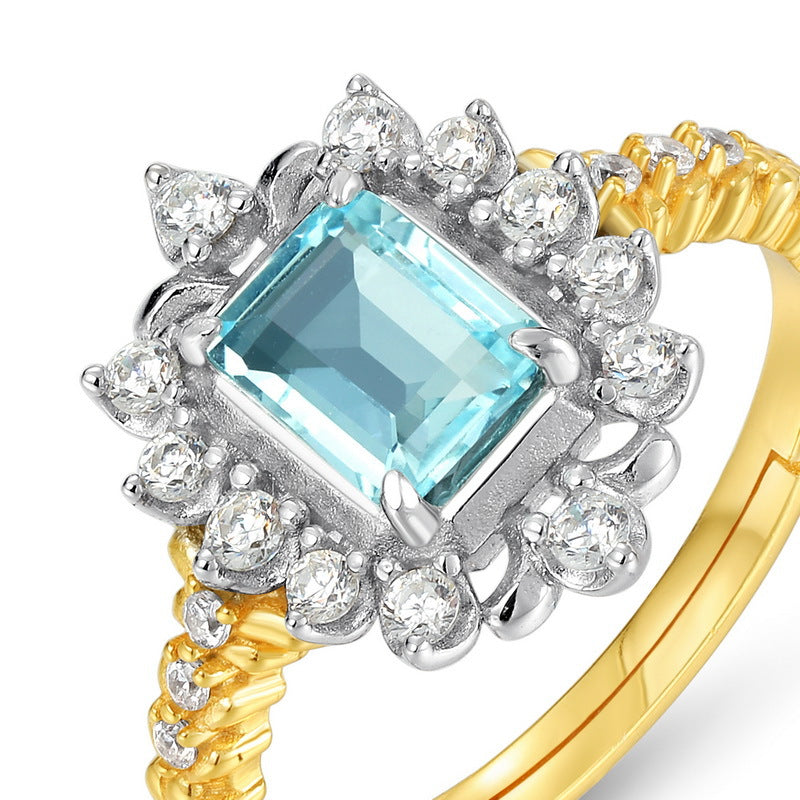 S925 Sterling Silver Jewelry Ring Natural Sky Blue Topaz Gemstone Palace Style Luxury Rings