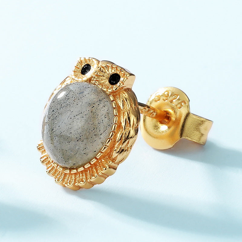 S925 Sterling Silver Jewelry Earrings Natural Labradorite Gemstone Cute Owl Style Earrings