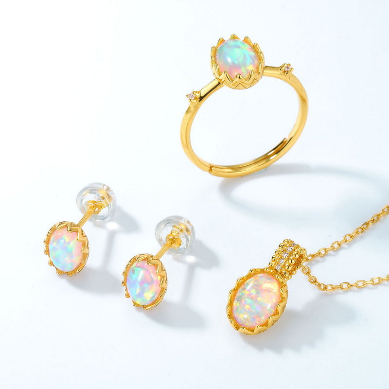 S925 Sterling Silver Jewelry Earrings Opal Gemstone Oval Style Vintage Luxury Earrings