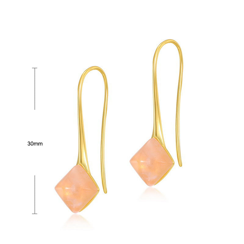 S925 Sterling Silver Jewelry Gold Plating Natural Rose Quartz Gemstone Hook Earrings