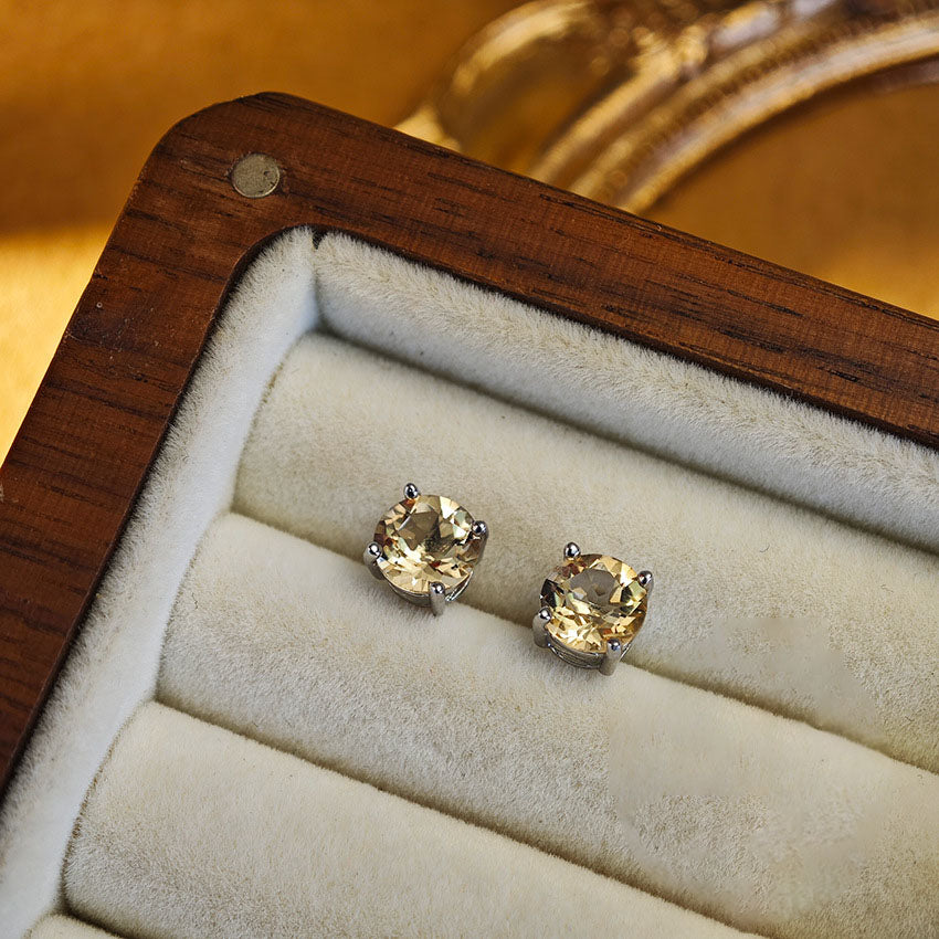 S925 Sterling Silver Jewelry Earrings Natural Citrine Gemstone Round Style Stud Earrings