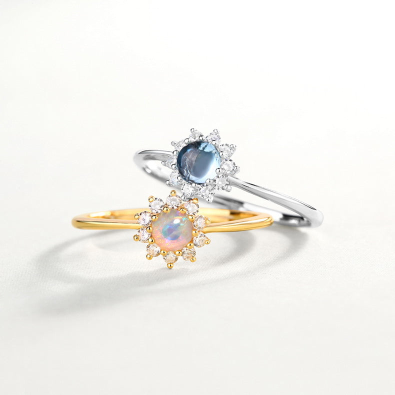 S925 Sterling Silver Jewelry Ring Magical Color Opal Gemstone Sunflower Style Rings