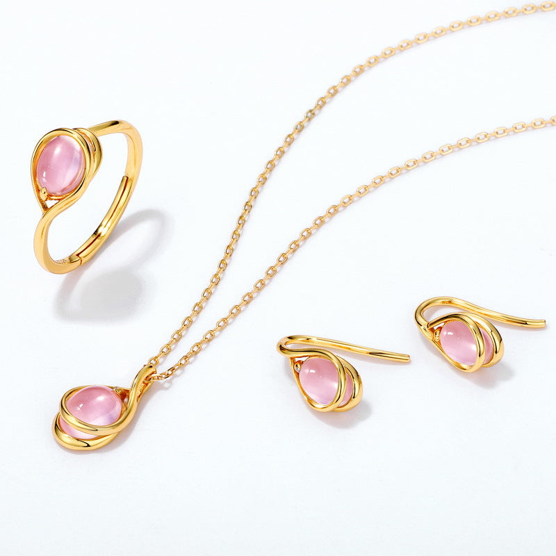 S925 Sterling Silver Jewelry Earrings Gold Plating Natural Rose Quartz Gemstone Earrings