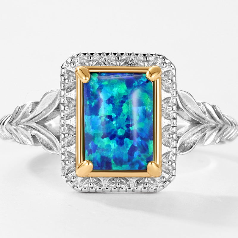 S925 Sterling Silver Jewelry Ring Blue Opal Gemstone Vintage Square Style Rings