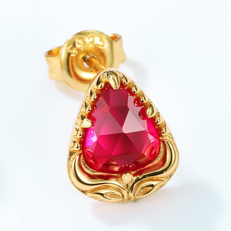 S925 Sterling Silver Jewelry Earrings Red Corundum Gemstone Waterdrop Style Stud Earrings