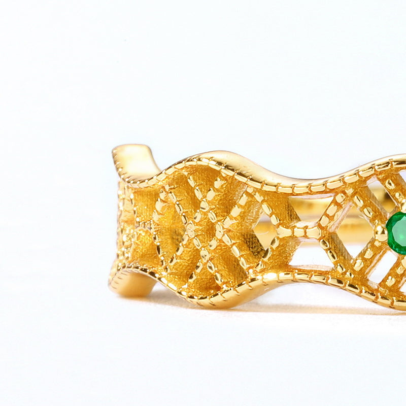 S925 Sterling Silver Jewelry Ring Natural Emerald Gemstone Vintage Geometric Style Rings