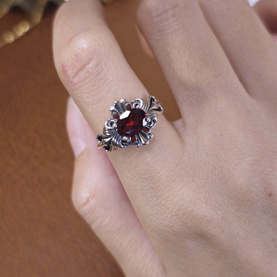 S925 Sterling Silver Jewelry Ring Natural Garnet Gemstone Vintage Crossing Style Luxury Rings