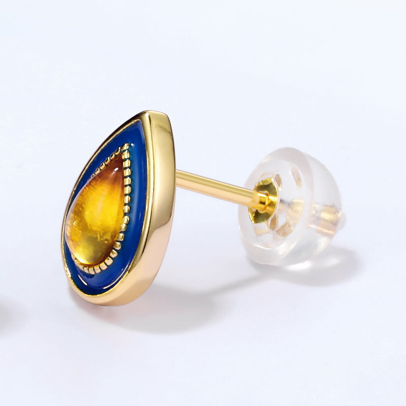 S925 Sterling Silver Jewelry Earrings Natural Amber Vintage Enamel Water Drop Style Earrings