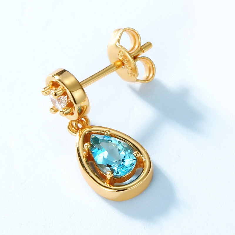 S925 Sterling Silver Jewelry Earrings Natural Swiss Blue Topaz Gemstone Simple Luxury Earrings