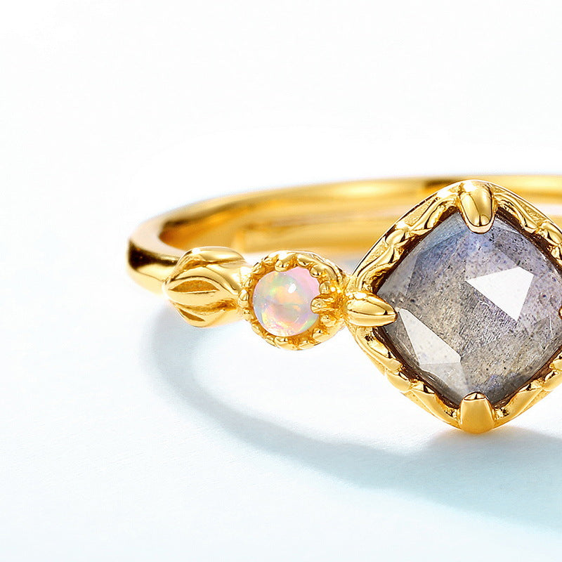 S925 Sterling Silver Jewelry Ring Natural Labradorite Gemstone Geometric Style Luxury Rings