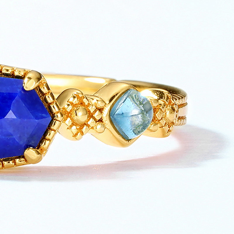 S925 Sterling Silver Jewelry Ring Natural Lapis Lazuli Gemstone Geometric Style Rings