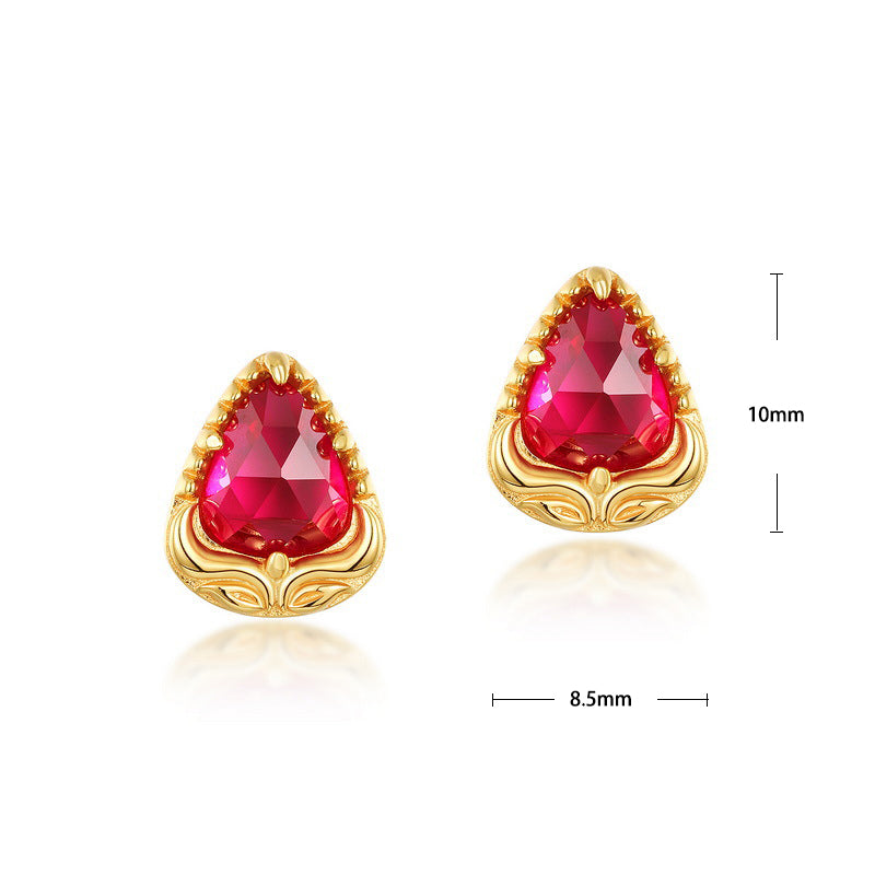 S925 Sterling Silver Jewelry Earrings Red Corundum Gemstone Waterdrop Style Stud Earrings