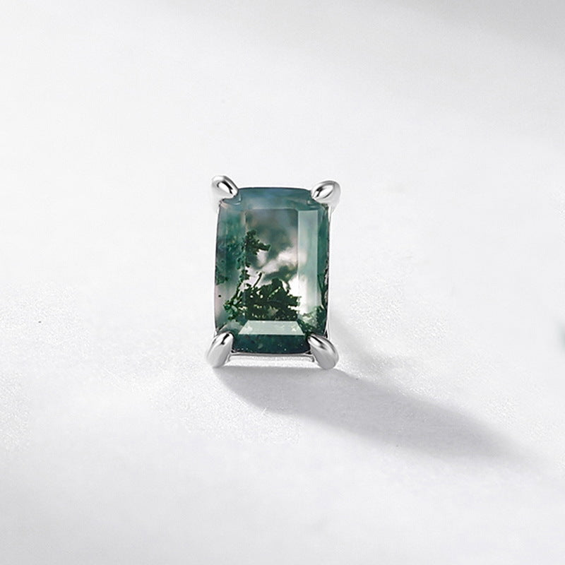 S925 Sterling Silver Jewelry Earrings Natural Moss Agate Gemstone Geometric Style Earrings