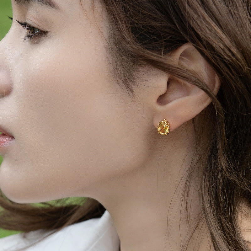 S925 Sterling Silver Jewelry Earrings Natural Citrine Gemstone Water Drop Style Stud Earrings