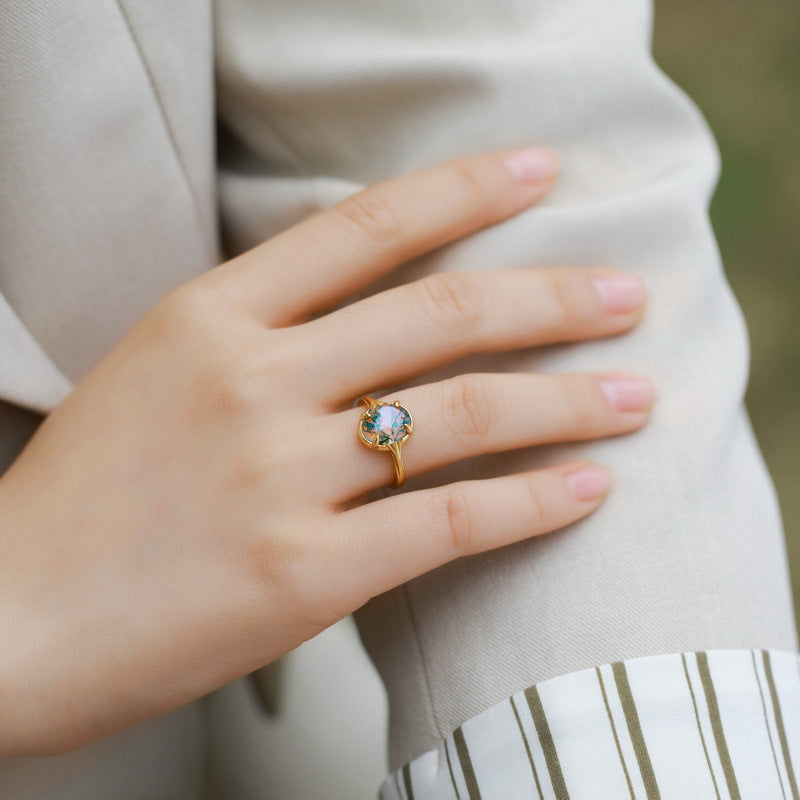 S925 Sterling Silver Jewelry Ring Natural Moss Agate Gemstone Gold Plating Fashion Rings
