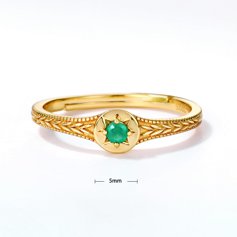 S925 Sterling Silver Jewelry Ring Natural Emerald Gemstone Vintage Star Style Rings
